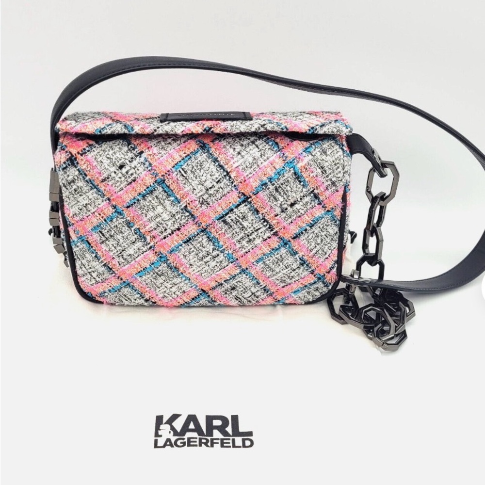 Karl Lagerfeld Pink Tweed Crossbody Bag with Black Chain Strap RARE ECU